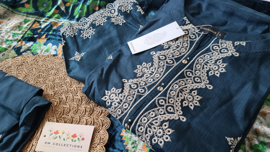 Sadabahar embroidered viscose with palachi shawl 3 piece Teal