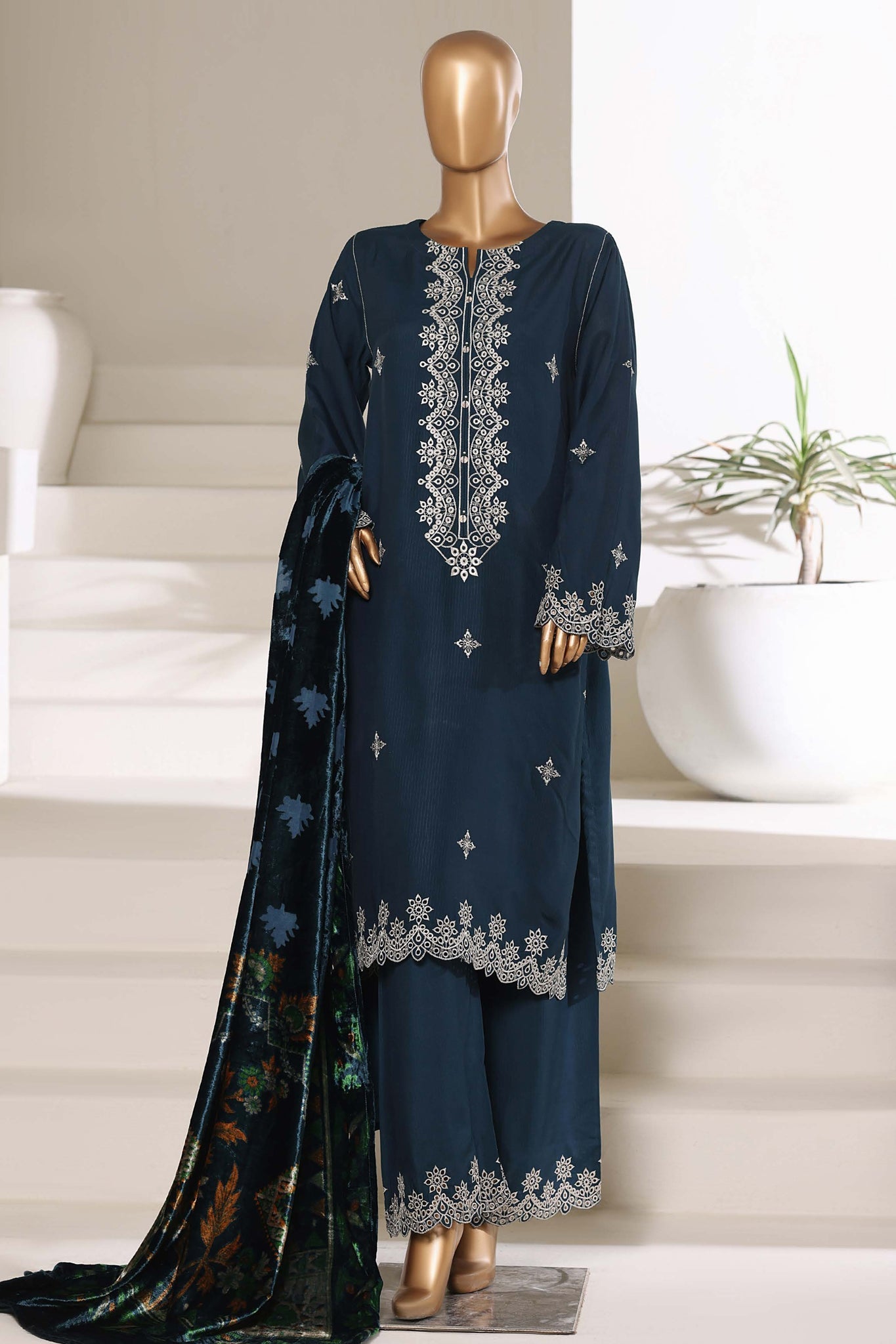 Sadabahar embroidered viscose with palachi shawl 3 piece Teal