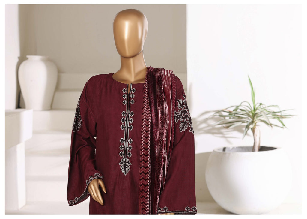 Sadabahar embroidered viscose with palachi shawl 3 piece Maroon