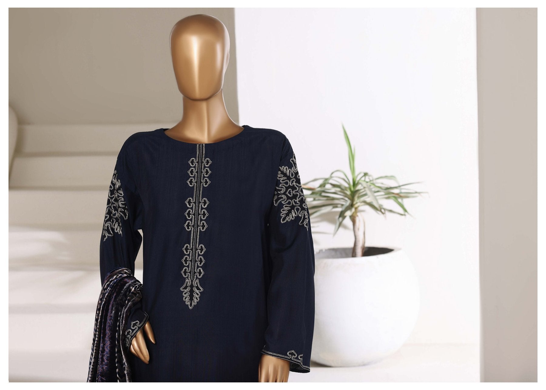 Sadabahar embroidered viscose with palachi shawl 3 piece Navy